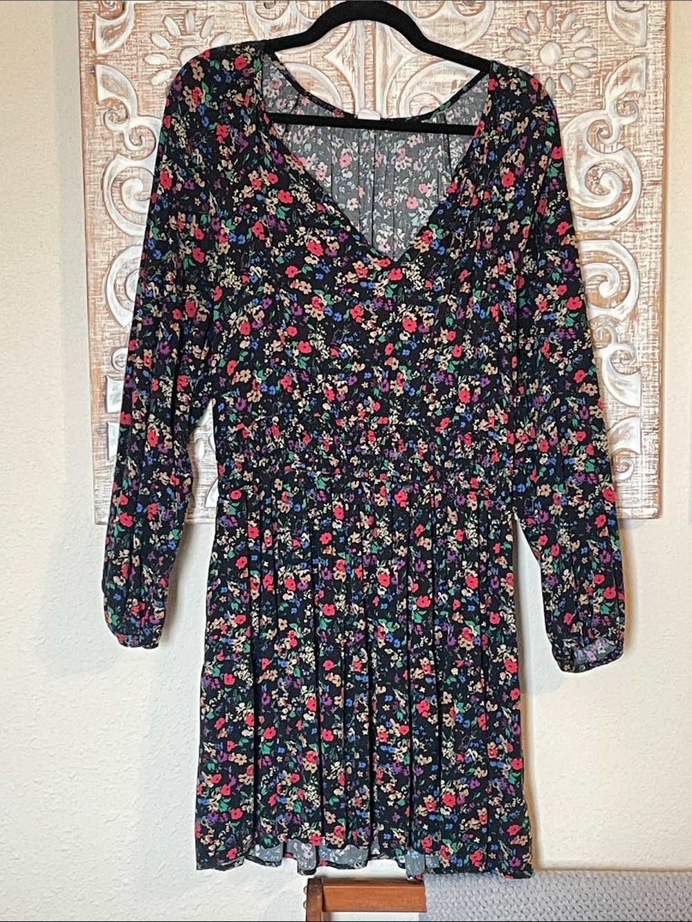 GAP Black Floral Long-Sleeve Smock Dress with Pink and Green Accents
